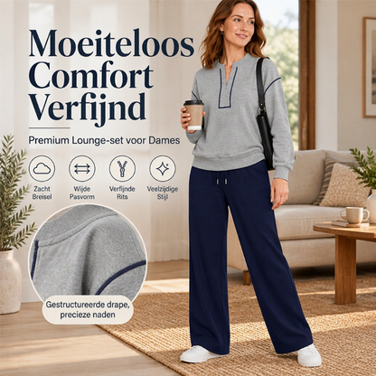 Elegante Tweedelige Dames Lounge Set met Halve Rits en Wijde Pantalon