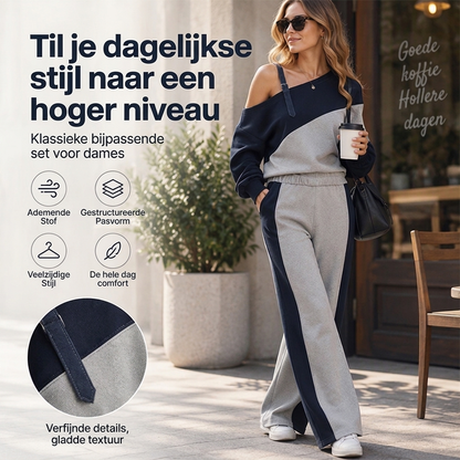 Casual Tweedelige Dames Set met Colorblock Sweater en Wijde Pantalon